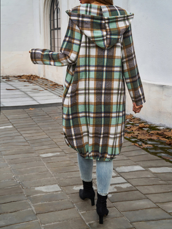 Women's Casual Loose Plaid Contrasting Zipper Hooded Jacket Wholesale Wool Blends Coats Tweed