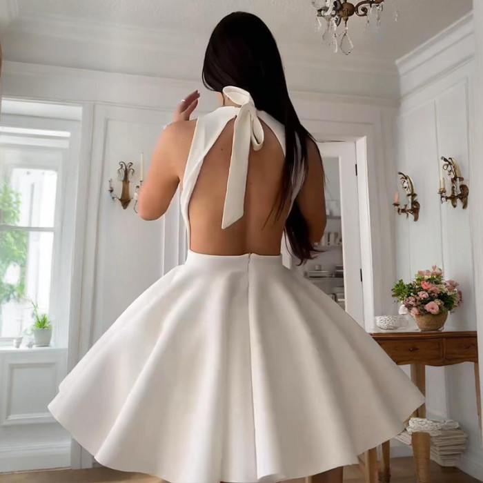 Elegant Solid O Neck Sleeveless Women Dress New Temperament High Waist Pleated Dress Sexy Hollow Out Backless Club Party Dresses