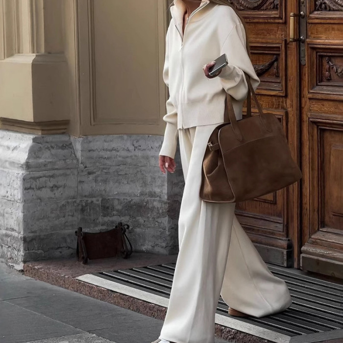 Casual Zipper Jacket Commuter Suit Simple Solid Color Streetwear Long Pants Outfits Autumn Winter Knitted Women's Two Piece Sets