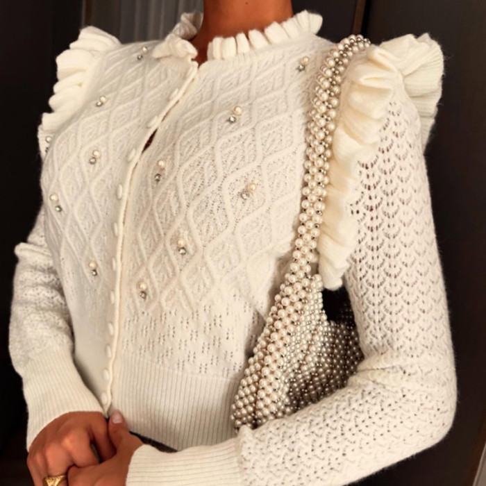 Women O Neck Ruffled Long Sleeved Knitted Cardigan New Autumn Single Breasted Solid Color Sweater Pearl Design Slim Sweater