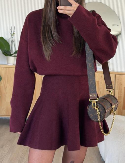 Autumn New Round Neck Loose Waist A-Line Sweater Dress for Women, Fashionable Slim Fit Casual Solid Color Knitted Dress