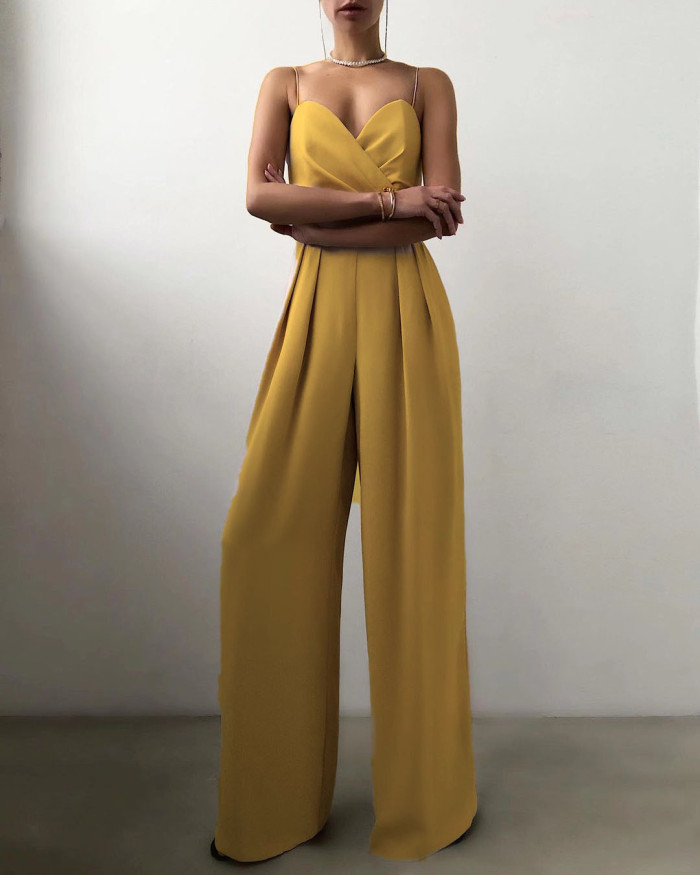 Fashion V Neck High Waist Party Romper New Summer Solid Suspender Playsuit Casual Sleeveless Pleated Long Pants Jumpsuits