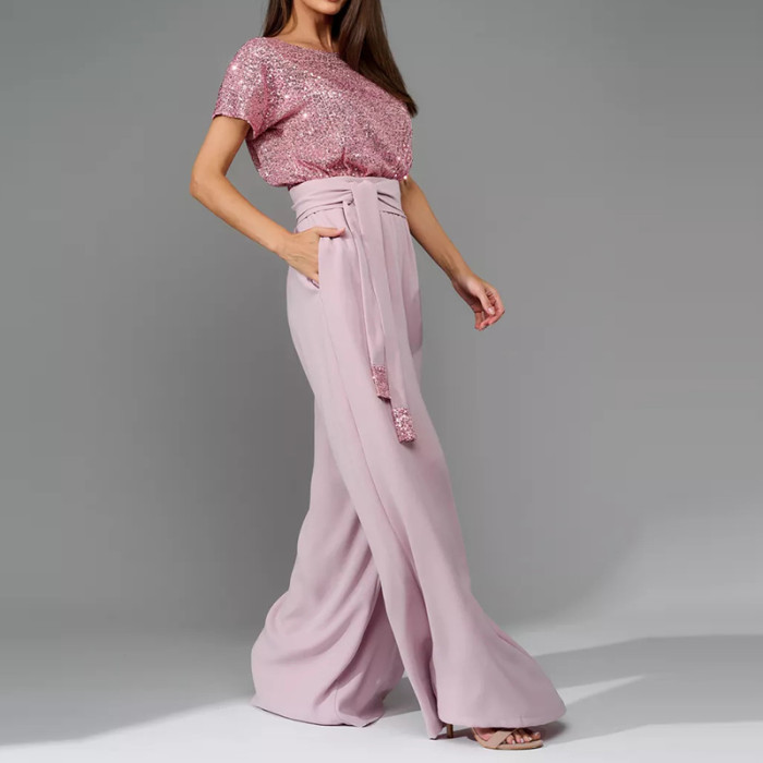 Lady Fashion Sequin Patchwork Commuting Jumpsuit New Casual O Neck Lace Up High Waist Romper Elegant Short Sleeved Playsuit