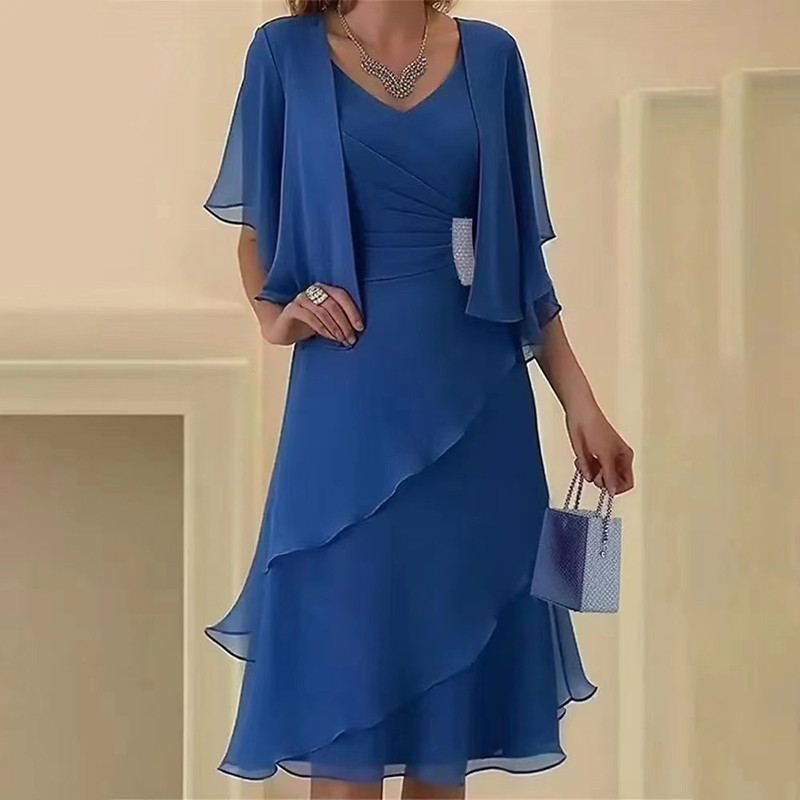 Summer High Waist Ruffled Office A-line Dress Casual Solid Color Loose Midi Dresses Women's V Neck Short Sleeved Chiffon Dress