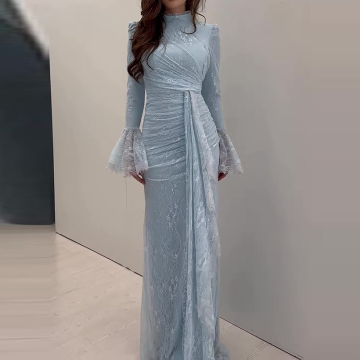Lace Embroidery Slim Fit Women Banquet Dress Flared Sleeves High Waist Autumn Long Dress Elegant Patchwork Pleated A-line Dress