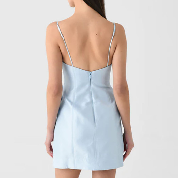 Sexy Low Cut V Neck High Waist Party Dress Fashion Backless Slim Fit A-line Dresses Blue Flower Patchwork Camisole Women Dress