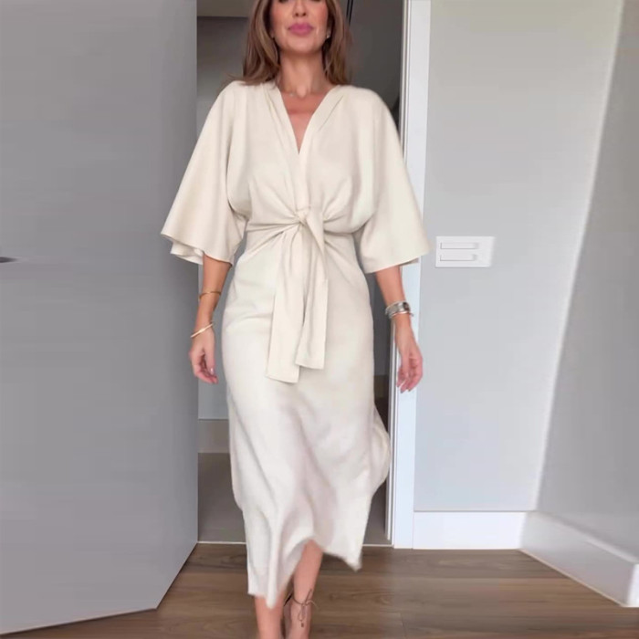Simple Solid Color Bandage Summer Dresses Casual Loose Side Split Long Dress Ladies Elegant V Neck Half Sleeved Commuter Dress