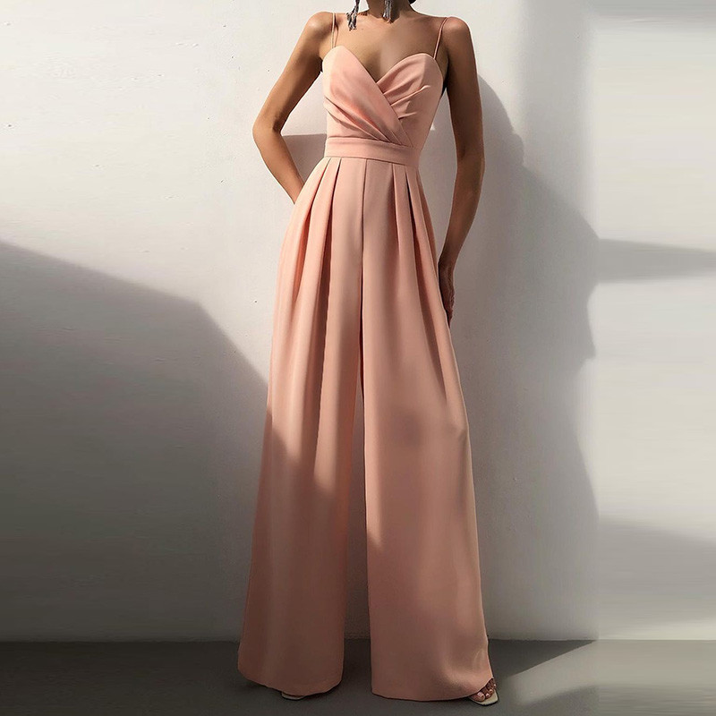 Fashion V Neck High Waist Party Romper New Summer Solid Suspender Playsuit Casual Sleeveless Pleated Long Pants Jumpsuits