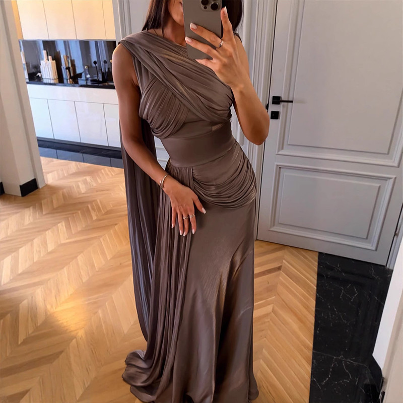 New Elegant Solid Color Sleeveless Evening Dress Women Fashion Slim Long Dress Satin Ribbon High Waist Pleated Party Dress