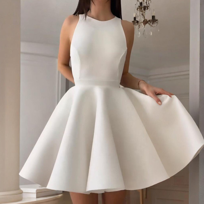 Elegant Solid O Neck Sleeveless Women Dress New Temperament High Waist Pleated Dress Sexy Hollow Out Backless Club Party Dresses