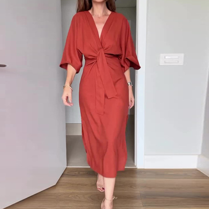 Simple Solid Color Bandage Summer Dresses Casual Loose Side Split Long Dress Ladies Elegant V Neck Half Sleeved Commuter Dress