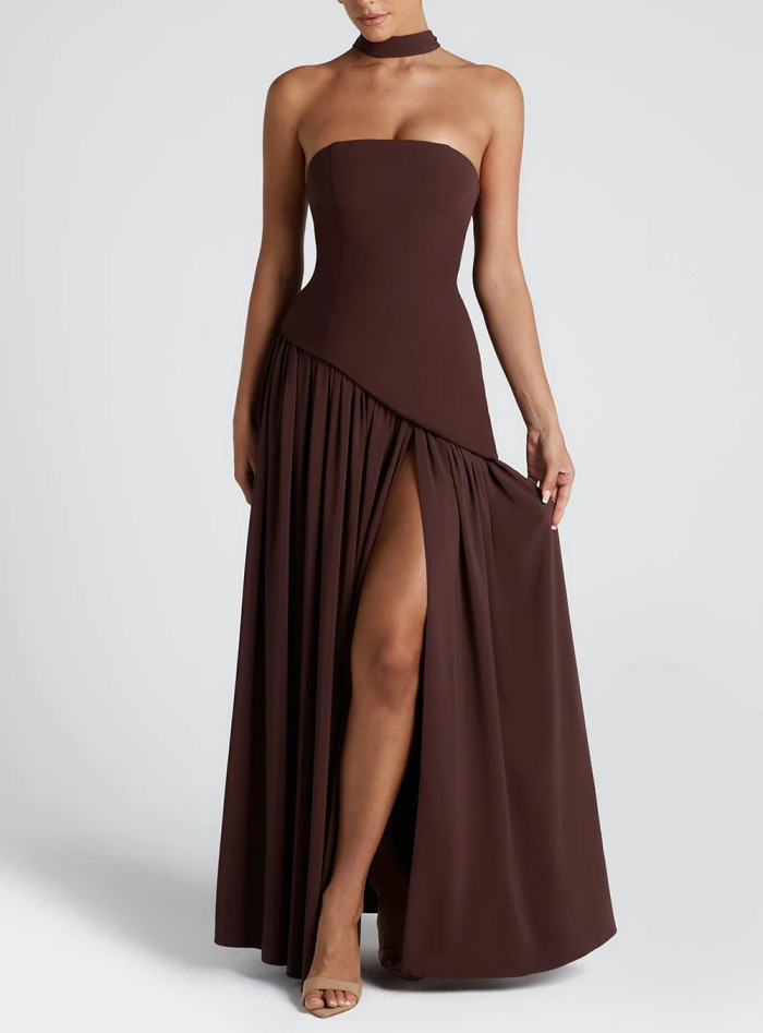 Summer Banquet Party Robe Pleated Skirt Strapless Long Skirt Sexy Women Backless Hanging Collar Satin Vest Dress