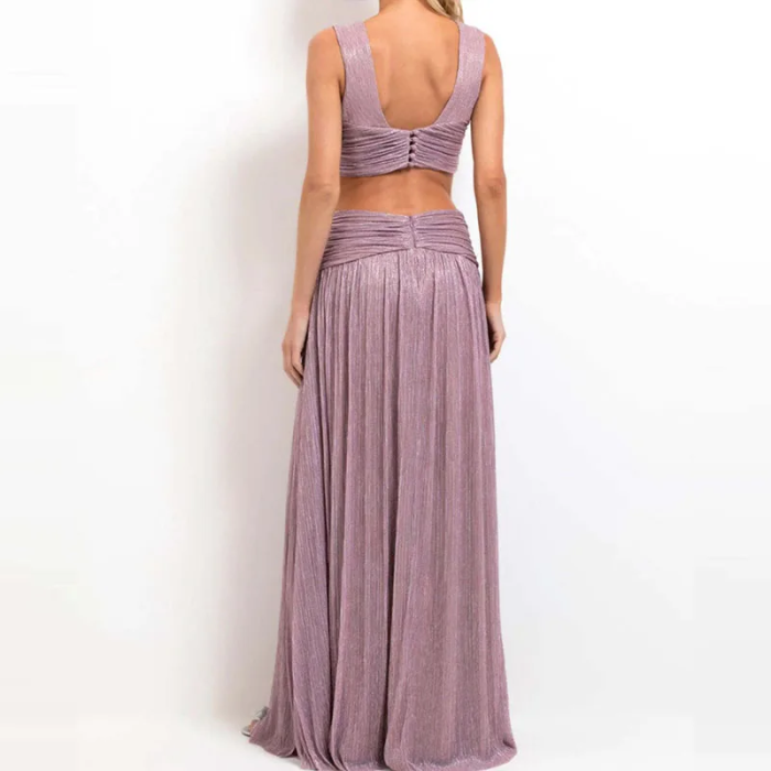 Elegant Sleeveless Vest Party Dresses Bronzing Solid V Neck Sleeveless Evening Dress Fashion High Waist Split Summer Long Dress