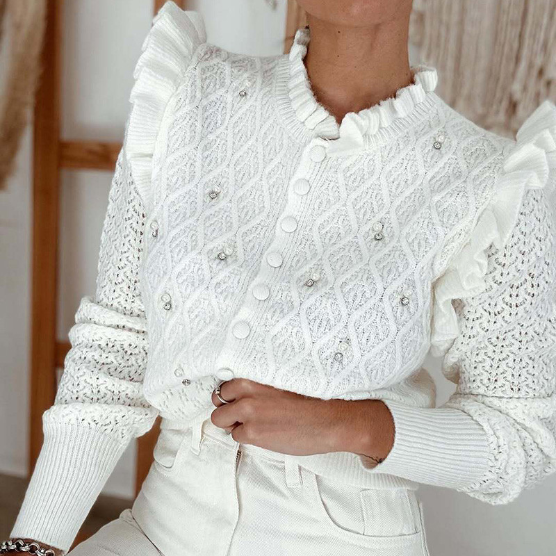 Women O Neck Ruffled Long Sleeved Knitted Cardigan New Autumn Single Breasted Solid Color Sweater Pearl Design Slim Sweater