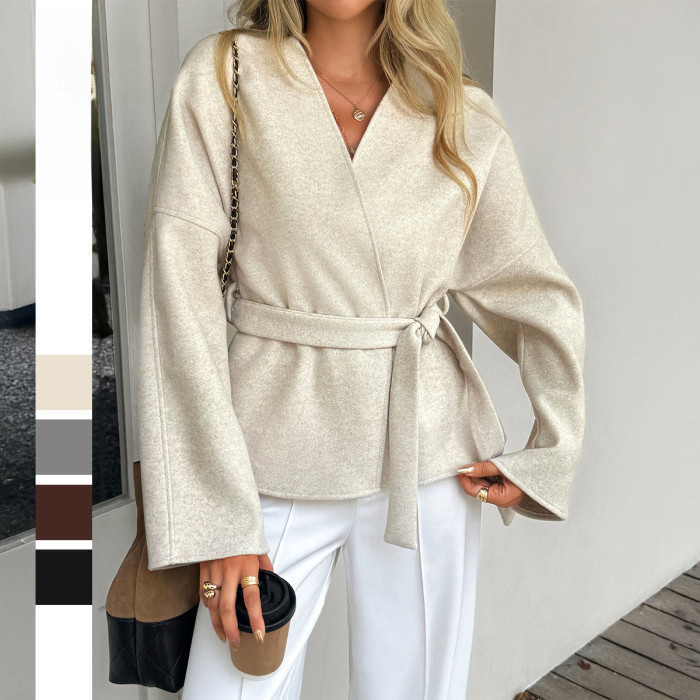 Solid Color Strap V-Neck Jacket 🍂 | Women’s Casual Long-Sleeve Outerwear