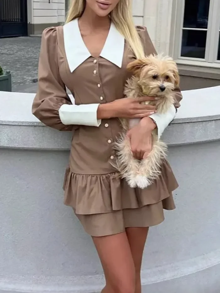 Fashion V-neck Button Slim Fit Short Dress Ruffle Edge Design Long Sleeved Autumn Women's Dress Casual Color Blocked Party Dress