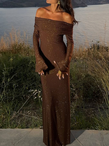 Autumn Vintage Women's Long Sleeved Party Dress Sexy Off Shoulder High Waist Slim Long Dress Elegant Solid Mesh Bridesmaid Dress