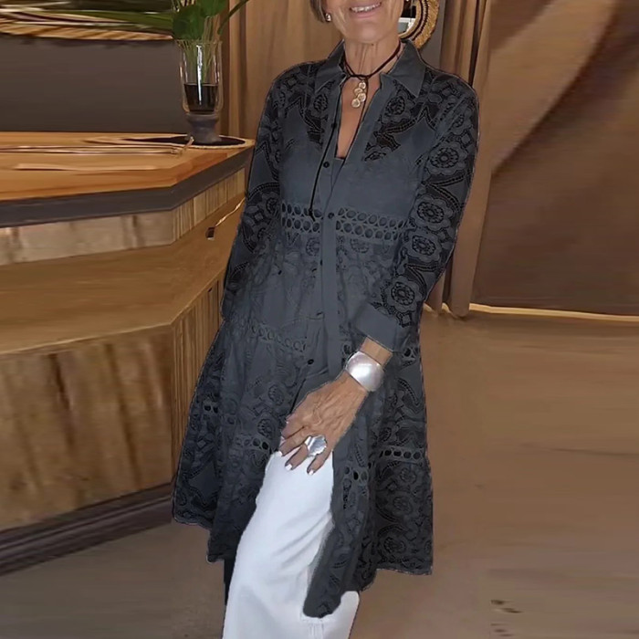 Lady Elegant Lapel Long Sleeved Loose Blouses Fashion Lace Embroidery Single Breasted Shirt Sexy Spring Summer Hollow Beach Top