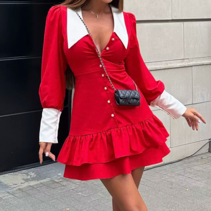 Fashion V-neck Button Slim Fit Short Dress Ruffle Edge Design Long Sleeved Autumn Women's Dress Casual Color Blocked Party Dress