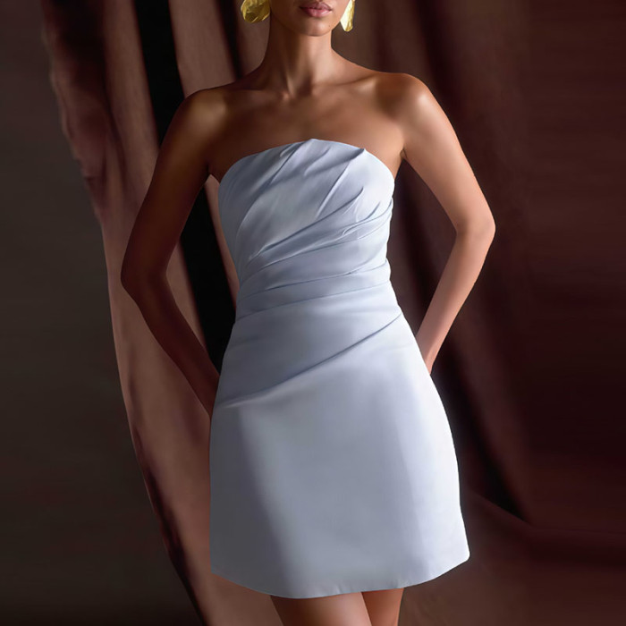 Sexy Strapless High Waisted A-line Dress Elegant Solid Color Pleated Slim Mini Dress Casual Hollow Backless Party Dresses