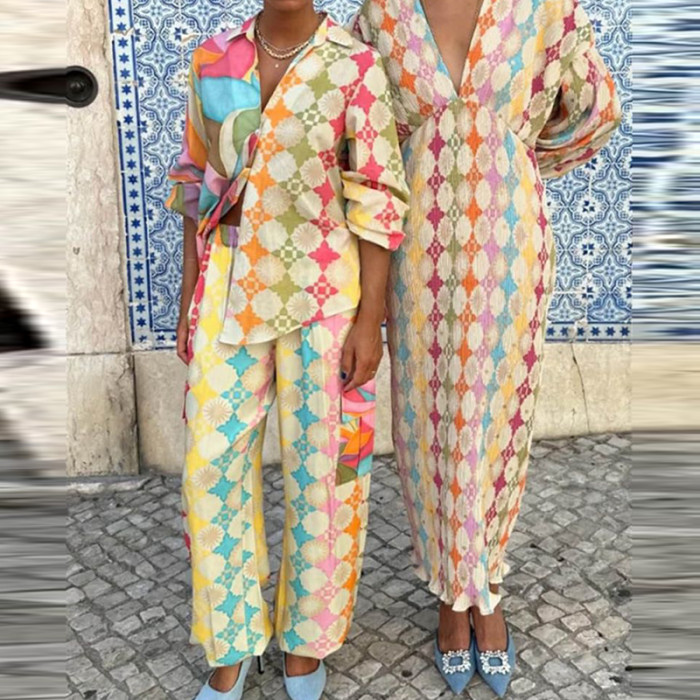 Geometric Pattern Printed Summer Two Piece Set Casual High Street Pocket Pants Suit Women's Fashion Single Breasted Shirt Outfit