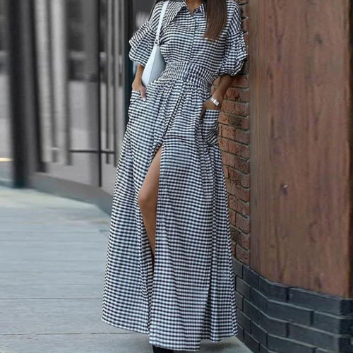 Plaid Printed Puff Sleeve Women Dress New Elegant Lapel Button Shirt Long Dress Fashion Pocket High Waist Robe Dress