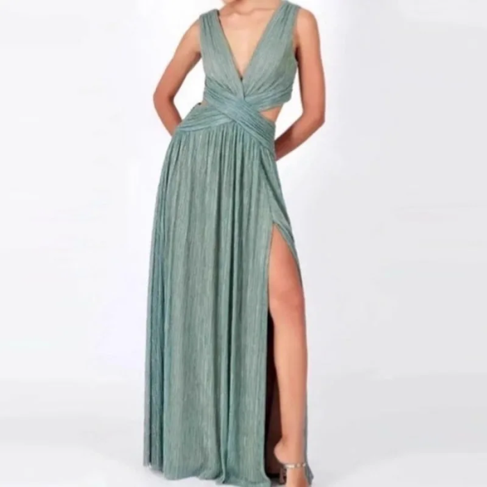 Elegant Sleeveless Vest Party Dresses Bronzing Solid V Neck Sleeveless Evening Dress Fashion High Waist Split Summer Long Dress