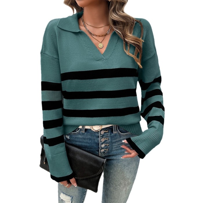 🍂 Women's Casual Striped Contrast Lapel Sweater