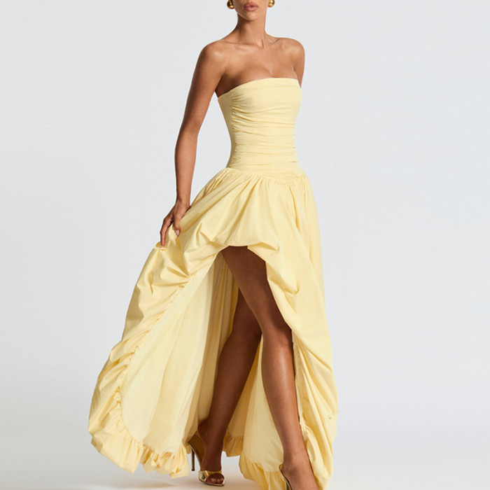 Ladies Elegant Strapless Pleated Flower Bud Dress Fashion Sleeveless Solid Evening Dress 2025 New Summer Asymmetrical Long Dress