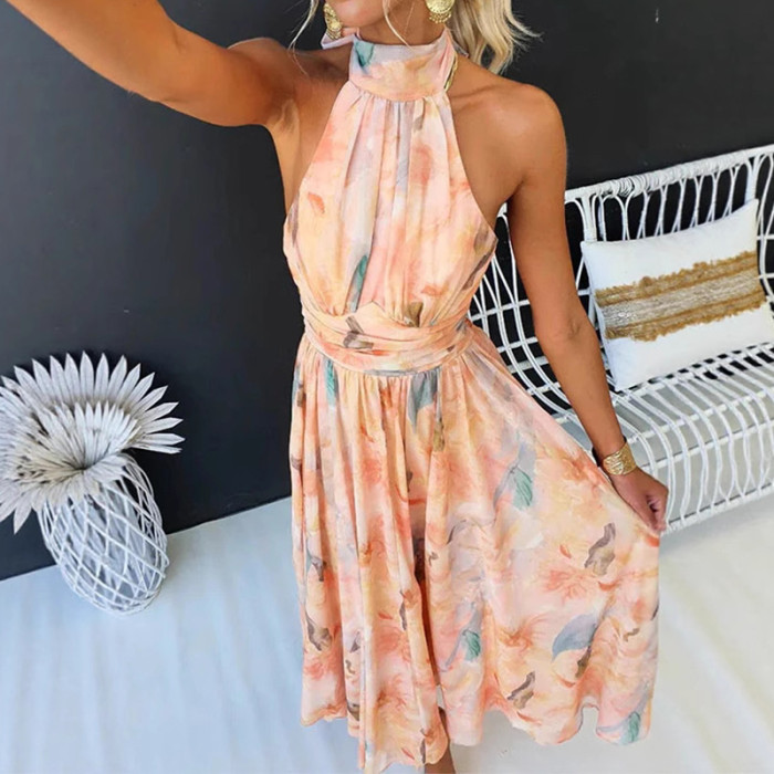 Flower Print Hollow Backless Holiday Dress Fashion Lace Up Sleeveless Pleated Party Dress Women Casual Summer Pleated Long Dress