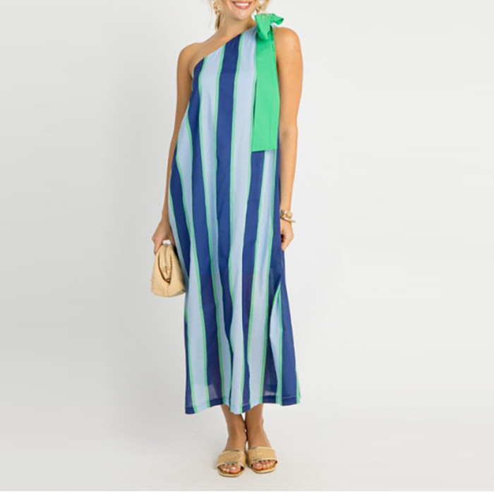 New Stripe Printed Loose Women's Dress Elegant Slant Neck Hollow Out Sleeveless Long Dress Casual Butterfly Lace Up Beach Dress