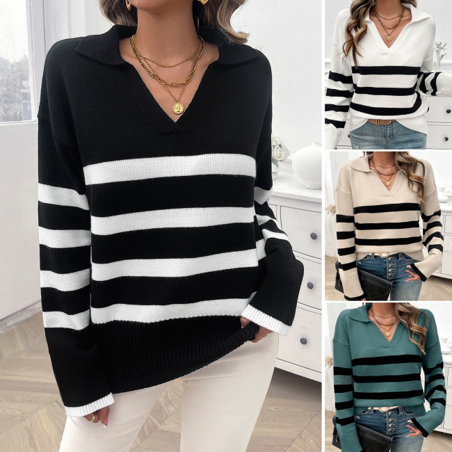 🍂 Women's Casual Striped Contrast Lapel Sweater