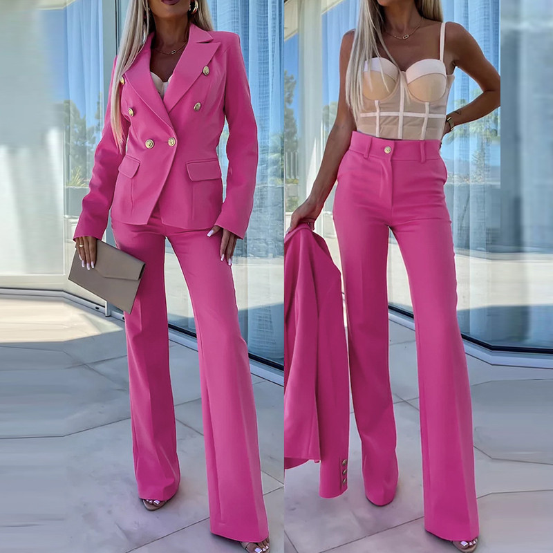 Autumn Women's Lapel Collar Long Sleeved Blazer Suit Elegant Temperament Slim Pants Set Fashion Office Button Design Outfit