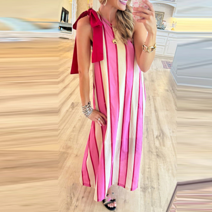 New Stripe Printed Loose Women's Dress Elegant Slant Neck Hollow Out Sleeveless Long Dress Casual Butterfly Lace Up Beach Dress