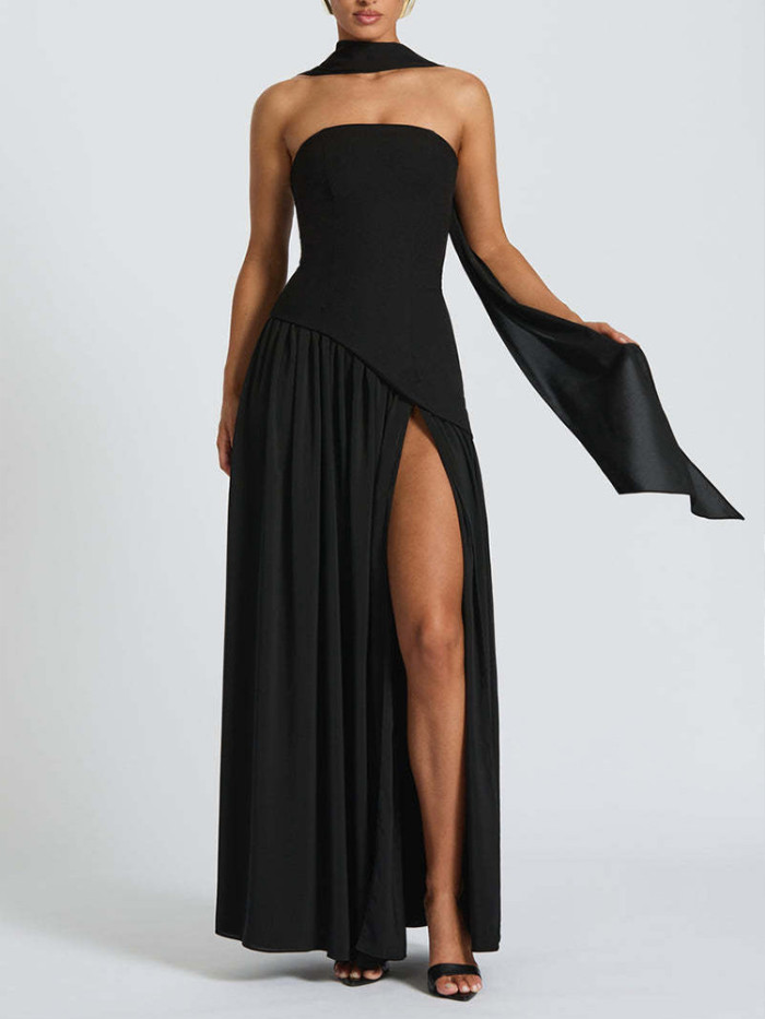 Summer Banquet Party Robe Pleated Skirt Strapless Long Skirt Sexy Women Backless Hanging Collar Satin Vest Dress