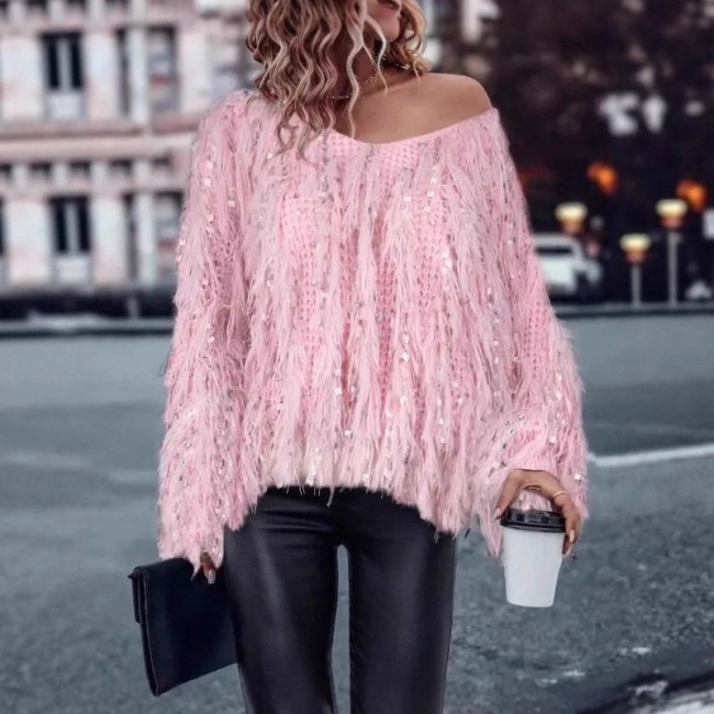 Pink Sequin Tassel V-neck Sweater Casual New Women's Long Sleeved Knitted Top Fall Ladies Elegant Long Sleeved Commuting Sweater