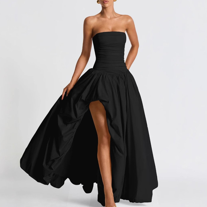 Ladies Elegant Strapless Pleated Flower Bud Dress Fashion Sleeveless Solid Evening Dress 2025 New Summer Asymmetrical Long Dress