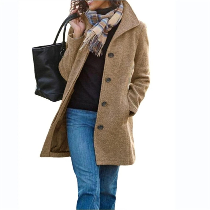Women's Woolen Coat Autumn Winter New Style Fashion Woolen Blended Fabric Jacket Mid-length Single Breasted Outerwear