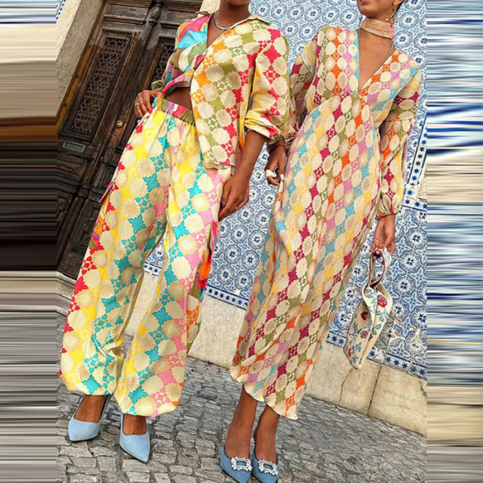 Geometric Pattern Printed Summer Two Piece Set Casual High Street Pocket Pants Suit Women's Fashion Single Breasted Shirt Outfit