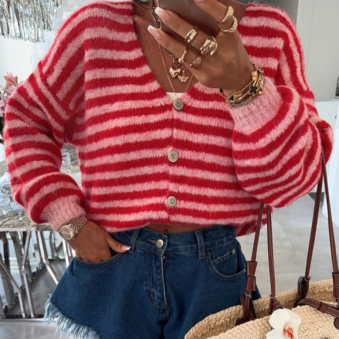 Color Blocking Striped Autumn Winter Cardigan Sexy Women's V-neck Long Sleeved Loose Sweater Elegant Holiday Warm Knitted Coat