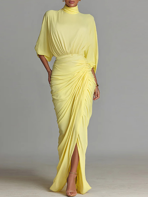 Yellow Lady Turtleneck Pleated Party Dress Autumn Seven Quarter Sleeve High Waist Irregular Dress Fashion Split Solid Long Dress