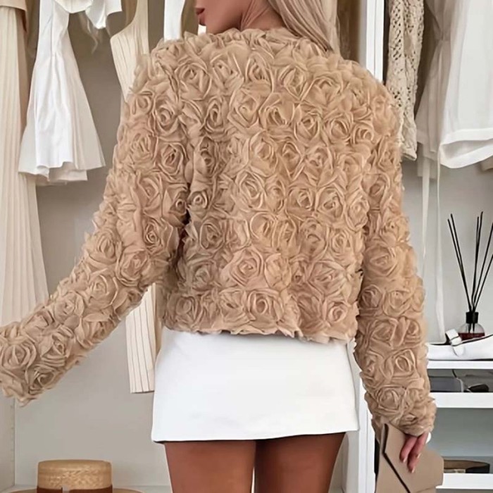 Autumn Winter Rose Flower Long Sleeved Coat Ladies Temperament O-neck Long Sleeved Jacket Elegant Solid Color Commuting Cardigan