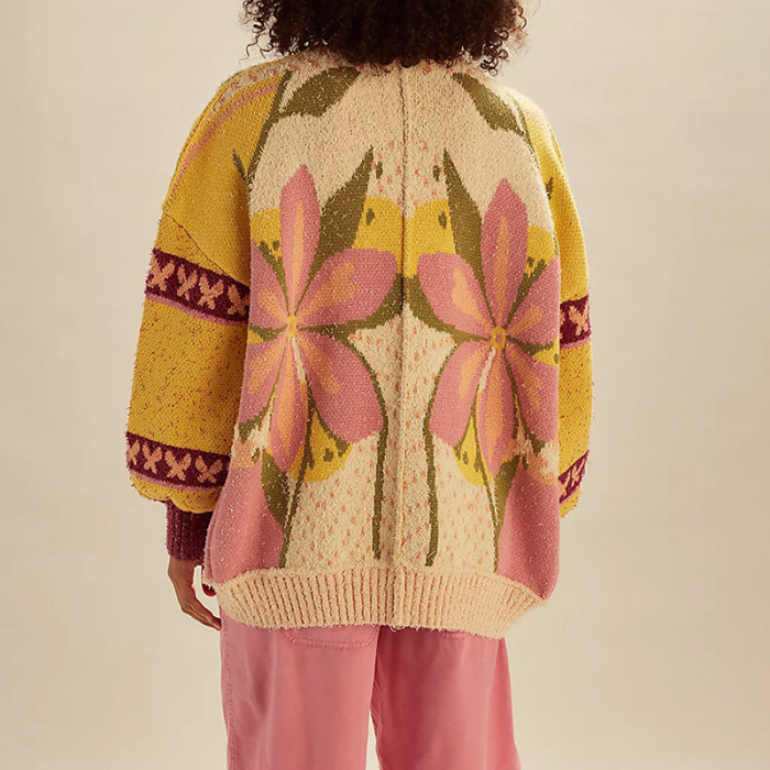 New Warm Autumn Knitted Cardigan Women's Vintage V Neck Long Sleeve Commuter Sweaters Casual Loose Flower Printed Sweater Coat