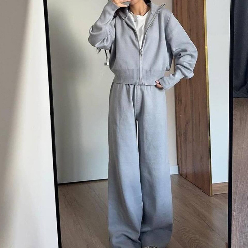 Casual Zipper Jacket Commuter Suit Simple Solid Color Streetwear Long Pants Outfits Autumn Winter Knitted Women's Two Piece Sets