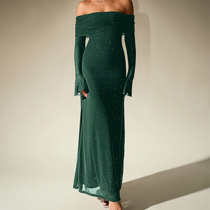 Autumn Vintage Women's Long Sleeved Party Dress Sexy Off Shoulder High Waist Slim Long Dress Elegant Solid Mesh Bridesmaid Dress