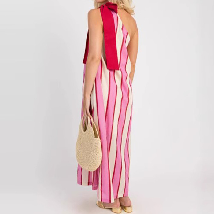 New Stripe Printed Loose Women's Dress Elegant Slant Neck Hollow Out Sleeveless Long Dress Casual Butterfly Lace Up Beach Dress