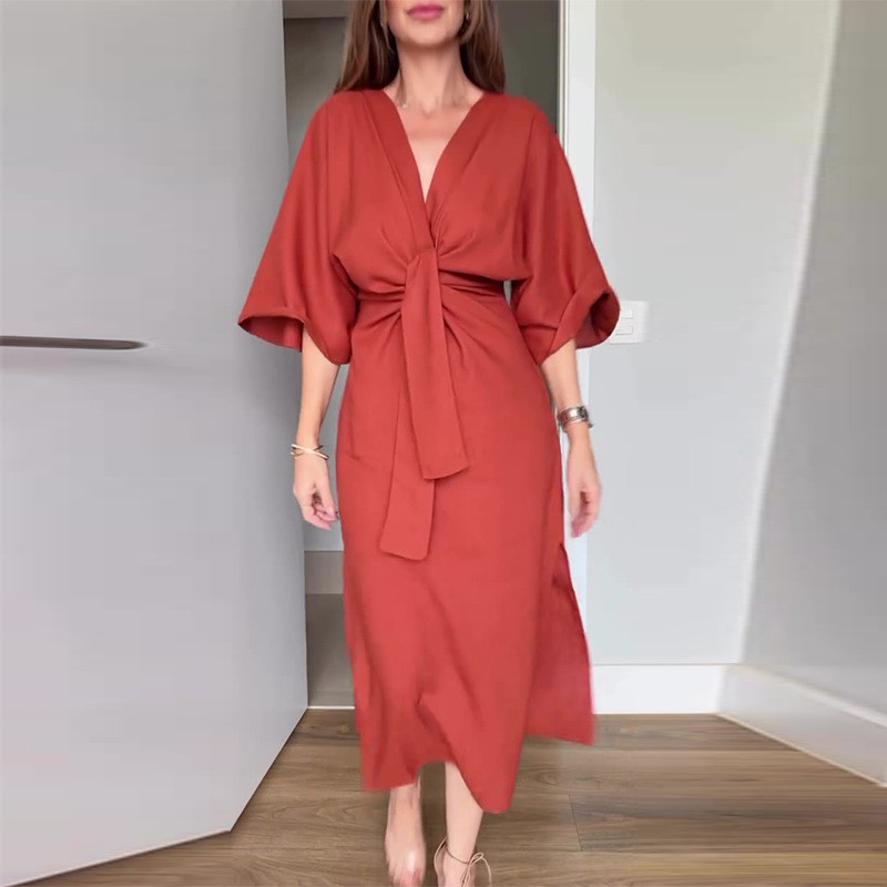 Simple Solid Color Bandage Summer Dresses Casual Loose Side Split Long Dress Ladies Elegant V Neck Half Sleeved Commuter Dress