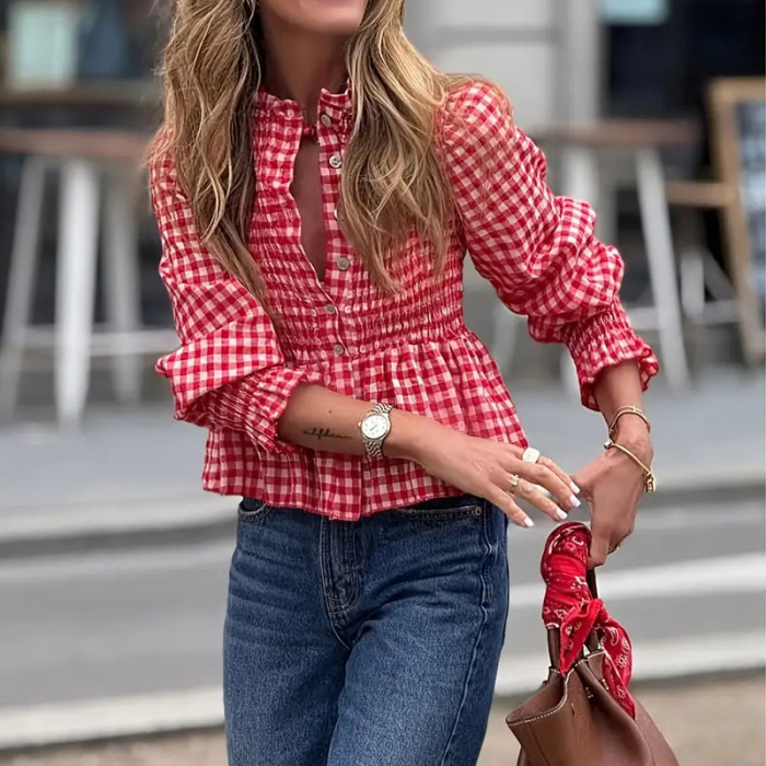 Autumn New Plaid Printed Women T-shirt Casual Single Breasted Pleated Commuting Top Fashion Long Sleeved Slim Fit Shirt Blouses