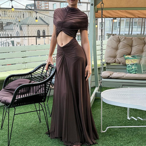 Simple Solid Color Mesh Pleated Long Dress Women O-neck Short Sleeve Slim Fit Party Dress Sexy Exposed Navel Slim Fit Prom Dress
