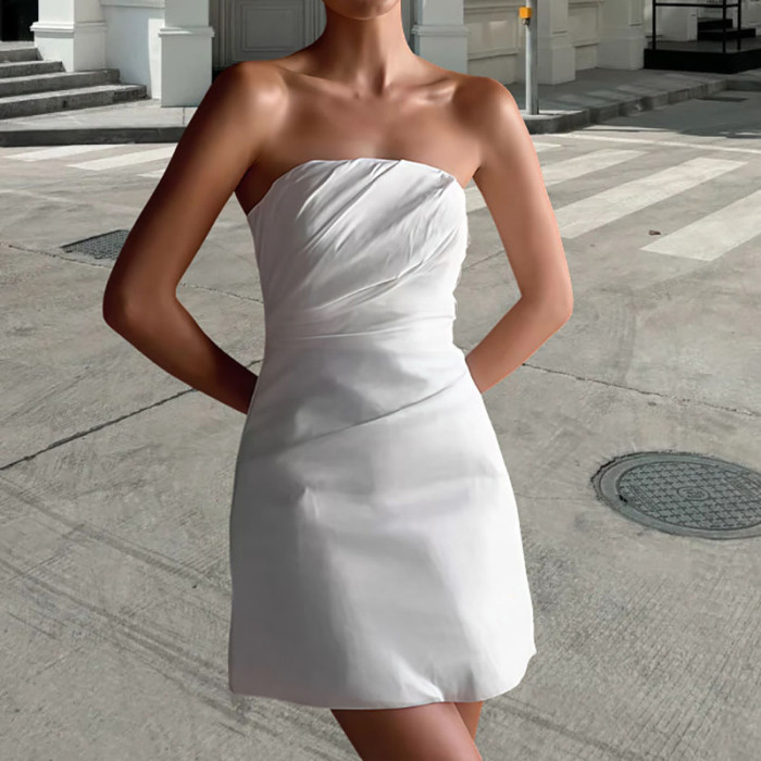Sexy Strapless High Waisted A-line Dress Elegant Solid Color Pleated Slim Mini Dress Casual Hollow Backless Party Dresses
